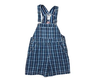 1990s Bill Blass Denim Plaid Overalls / Jeans / Blue and White / Medium / M / Grunge / Jumper / Preppy / Printed Overalls /