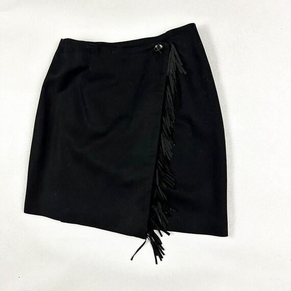 1990s Black Wrap Mini Skirt / Leather Fringe / Medium… - Gem