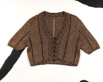 1930s Copper Lurex Knit Cropped Sweater Top / Blouse / Glass Buttons / 1940s / Large / Shrug / Ribbed / Vamp / XL / Short Sleeve Sweater /