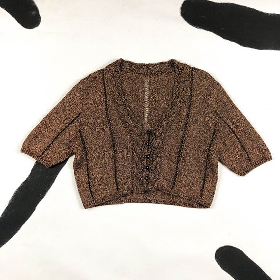 1930s Copper Lurex Knit Cropped Sweater Top / Blo… - image 1