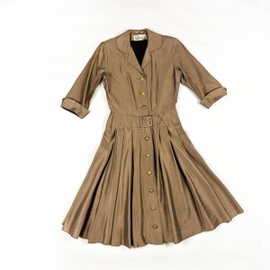 1950s McKettrick Brown Iridescent Fit and Flare Dress / Shirtwaist / Shirtdress / Shark Skin / Built in Belt / 28 Waist / New Look / M / image 1