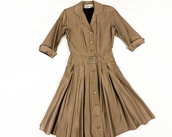 1950s McKettrick Brown Iridescent Fit and Flare Dress / Shirtwaist / Shirtdress / Shark Skin / Built in Belt / 28 Waist / New Look / M /