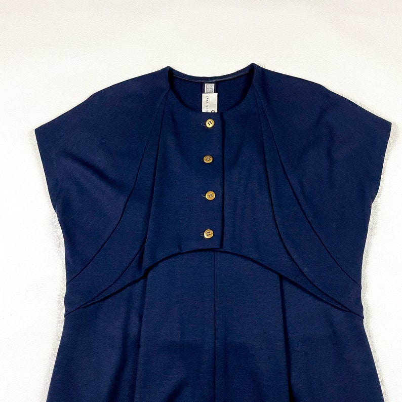 80s Geoffrey Beene Navy Blue Minimal Short Sleeve Shift Dress / Large / Cocoon / Gold Buttons / Faux Vest / Saks Fifth Ave / Square Tag / image 3