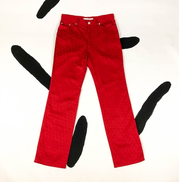 90s Red Silky Monogram Pants / High Waist / Straight Leg / 