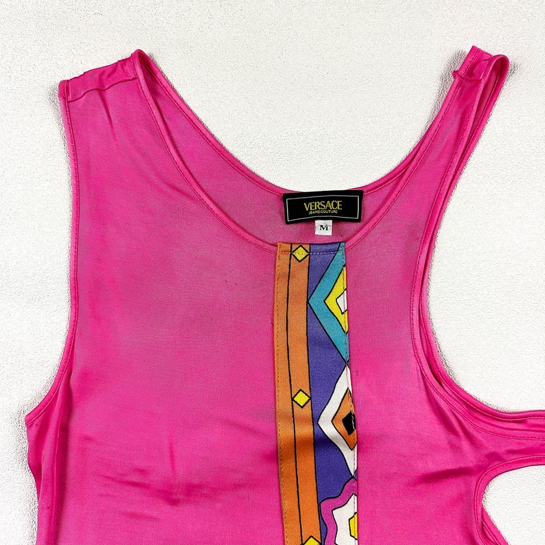 y2k Versace Jeans Couture Bright Pink Cut Out Tank Top / Neon Print / Tropical / Beach / Medium / 00s / Side Boob / Strappy / Bratz / Rave image 4