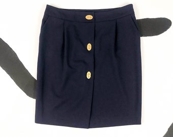90s Moschino Turnlock Closure Pencil Skirt / Gold Hardware / Executive / Minimal / Navy Blue / Wool / Size 8 / Solid / Love Moschino / M / L