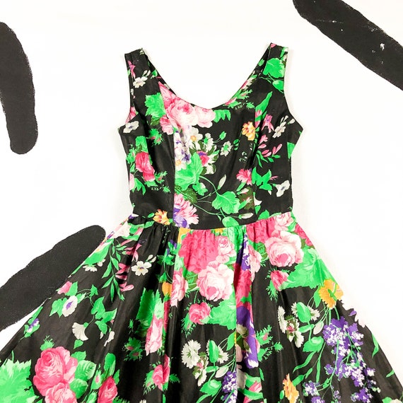 80s Black Floral Cotton Open Back Fit and Flare D… - image 2