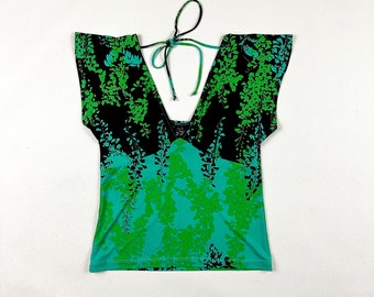 y2k BCBG Green and Brown Floral Print Flutter Sleeve Top / Open Back / Tie Back / Large / Cut Out / Stretch / Bratz / 00s / SATC / L / 1990s