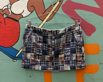 Y2K American Eagle madras patchwork micro mini skirt / blue / plaid / topstitching / size 12 / L / simple life / checker / low rise / beach