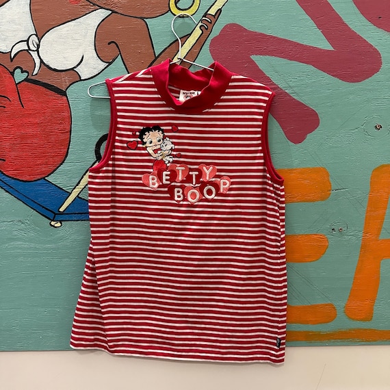 90s Betty Boop Striped Tank Top / Embroidery / Lar