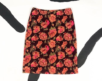 90s Burgundy and Orange Floral Express Midi Skirt / y2k / Medium / Clueless / Cyber / Rave / Club Kid / Kawaii / Party Girl / Simple Life