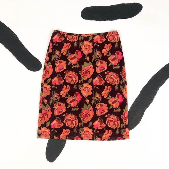 90s Burgundy and Orange Floral Express Midi Skirt Y2k Medium