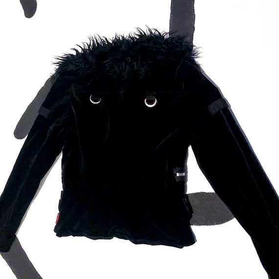90s / Y2k Tripp NYC Black Velvet Faux Fur Motorcycle Jacket