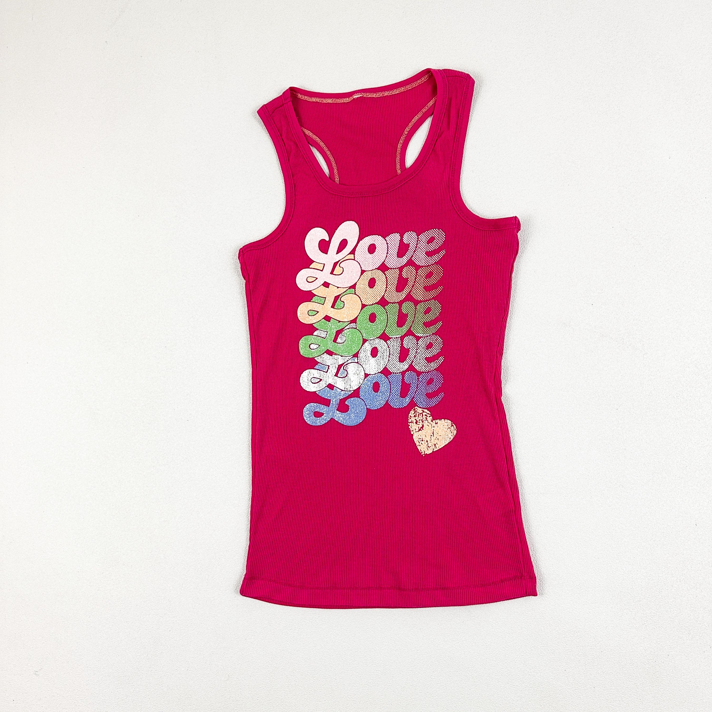 Y2k Pink Racerback Ribbed Tank Top With Allover Love Print 