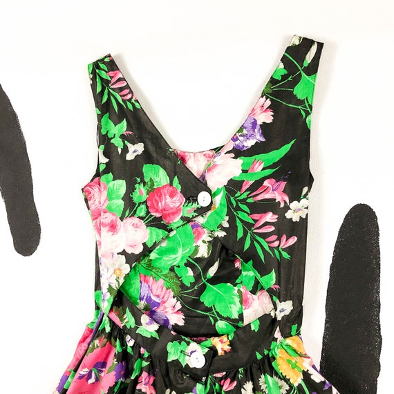 80s Black Floral Cotton Open Back Fit and Flare D… - image 8