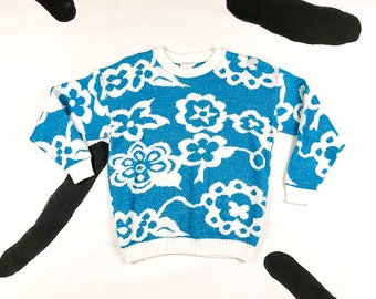 1980s Lurex Floral Knit Sweater / Flowers / Blue And White / Babysitters Club / Medium / Glitter / Large / Kawaii / Saved By The Bell / M /