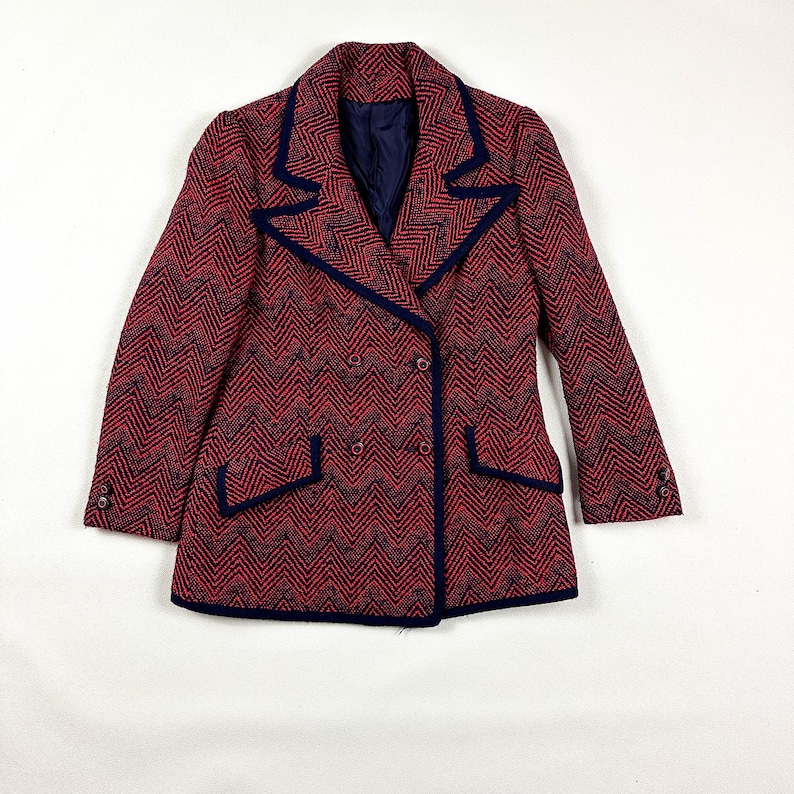 1970s Red and Blue Tweed Zig Zag Double Breasted Blazer / Wool / Psychedelic / 1960s / Double Breasted / Carnaby / Medium / Mod / Hippie / image 1