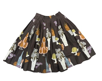 1950s Picnic Basket Print Circle Skirt / Fruits / Pears / Novelty / 28 Waist / Fit and Flare / Wine / 50s / New Look / Printed / Tea /