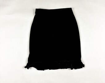 Black Stretch Velvet Slip Skirt / Ruffle Hem / Rave City / y2k / 1990s / 00s / Goth / Millenium / Medium / Elastic Waist / Midi / Knee / M /