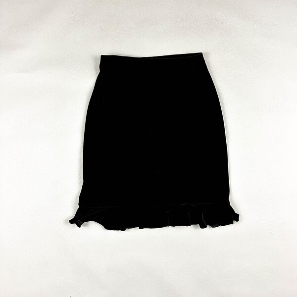 Black Stretch Velvet Slip Skirt / Ruffle Hem / Rave City / y2k / 1990s / 00s / Goth / Millenium / Medium / Elastic Waist / Midi / Knee / M /