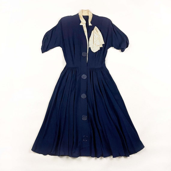 1940s Navy Blue Rayon Short Sleeve Day Dress with… - image 1