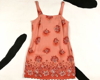 90s Pink and Red Floral Rayon Slip Dress / Size 8 / Dots / Sleeveless / Scalloped Hem / Medium / Wide Spaghetti Straps / Peach / Grunge / M