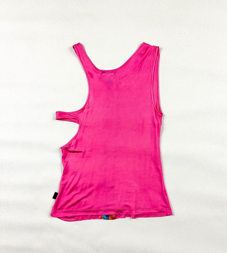 y2k Versace Jeans Couture Bright Pink Cut Out Tank Top / Neon Print / Tropical / Beach / Medium / 00s / Side Boob / Strappy / Bratz / Rave image 6