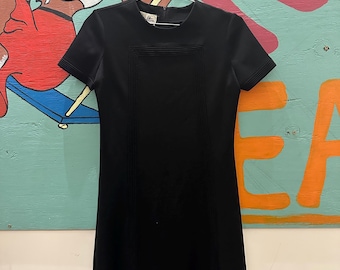 1960s Black Wool Shift Dress / Shirt Dress / Go Go / Scooter / Small / Short Sleeves / Geometric Motif / Square / Mod / Twiggy / Dalton / S