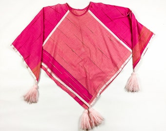 1980s Pink Tassel Cape / Cotton Candy / Oversize Tassels / Barbie Pink / Elf / Pullover / Textured Cotton / Striped / Drapey / Pastel /