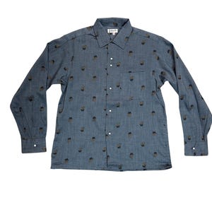 1950s Deadstock Prince D’or Loop Collar Men’s Oxford / Button Up Shirt / Crown / Griffin / Novelty Print / Gold / Chambray / Medium / M /