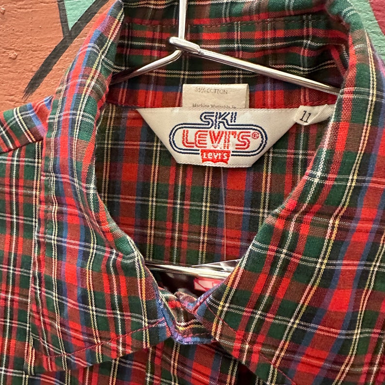 1970s / 1980s Levis Ski Red and Green Plaid Button Down Shirt / Pearl Snap / Medium / Poly Cotton / Classic Western / Disco / Juniors / image 2