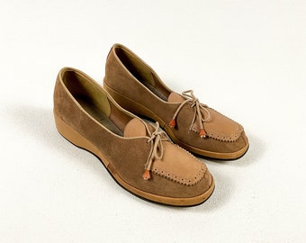 1940s Lumberjack Wedge Loafers / Tassel / Platform Wedge / 40s shoes / Size 8.5 / Padded Sole / Square Toe / Tan / Beige / Suede / Leather