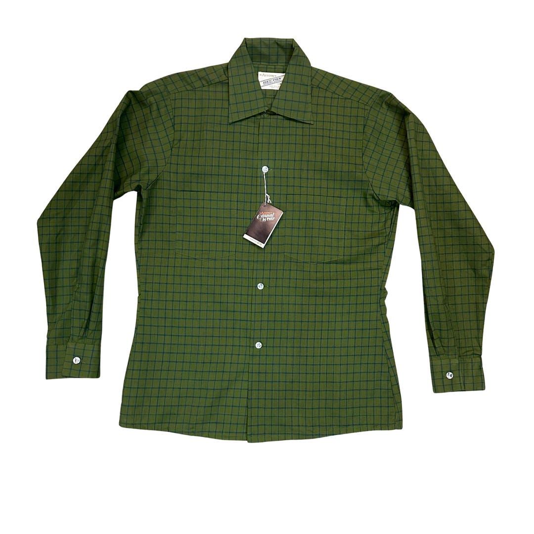 1960s Arrow Loop Colllar Deadstock Green and Blue Check Plaid