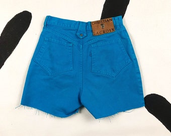 90s Jeans De Christian Lacroix Bright Blue Denim Cutoffs / Cut off Shorts / Jean Shorts / Logo Patch / Designer / Small / Turquoise / 90210