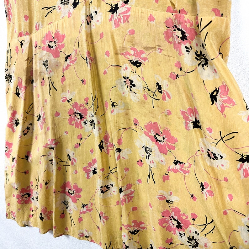 1920s Pink and Yellow Silk Floral Day Dress / Flapper Dress / Allover Print / Lawn Dress / Sheer / Antique Textiles / Small / S / Gatsby image 5