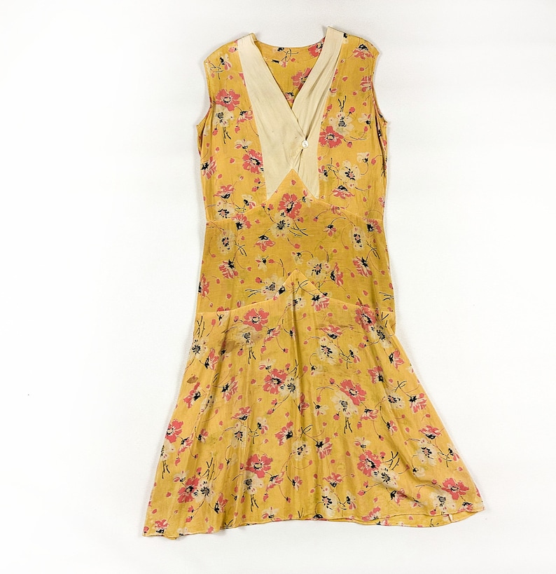 1920s Pink and Yellow Silk Floral Day Dress / Flapper Dress / Allover Print / Lawn Dress / Sheer / Antique Textiles / Small / S / Gatsby image 1