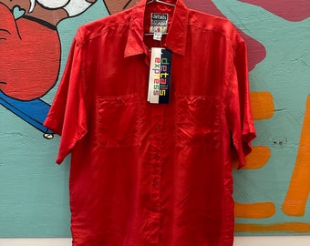 1990s  Details Express Solid Red Silk Shirt / Button Down / Boxy Oversize Fit / Medium / Large / Deadstock / Basic / Lightweight / Oxford /