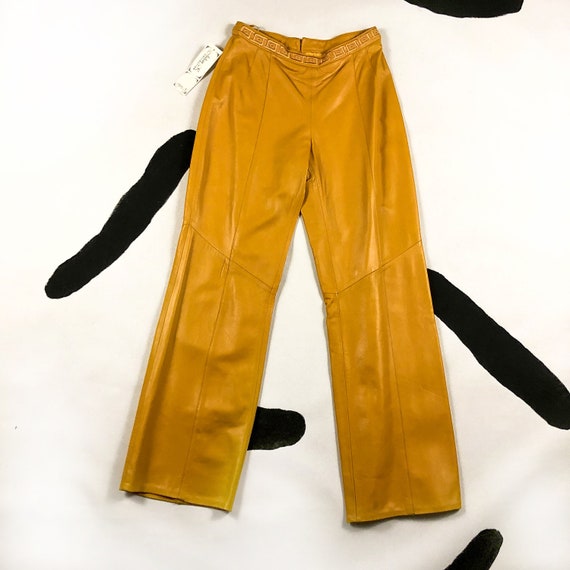 90s Mustard Yellow Leather Pants / Wide Leg / Gree