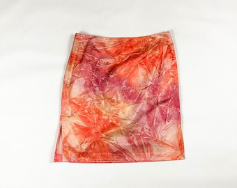 y2k Alberto Makali Orange and Pink Faux Crinkled Satin Pencil Skirt / Midi Skirt / Size 12 / M / L / Candy / 00s / Side Slit / Creased Print