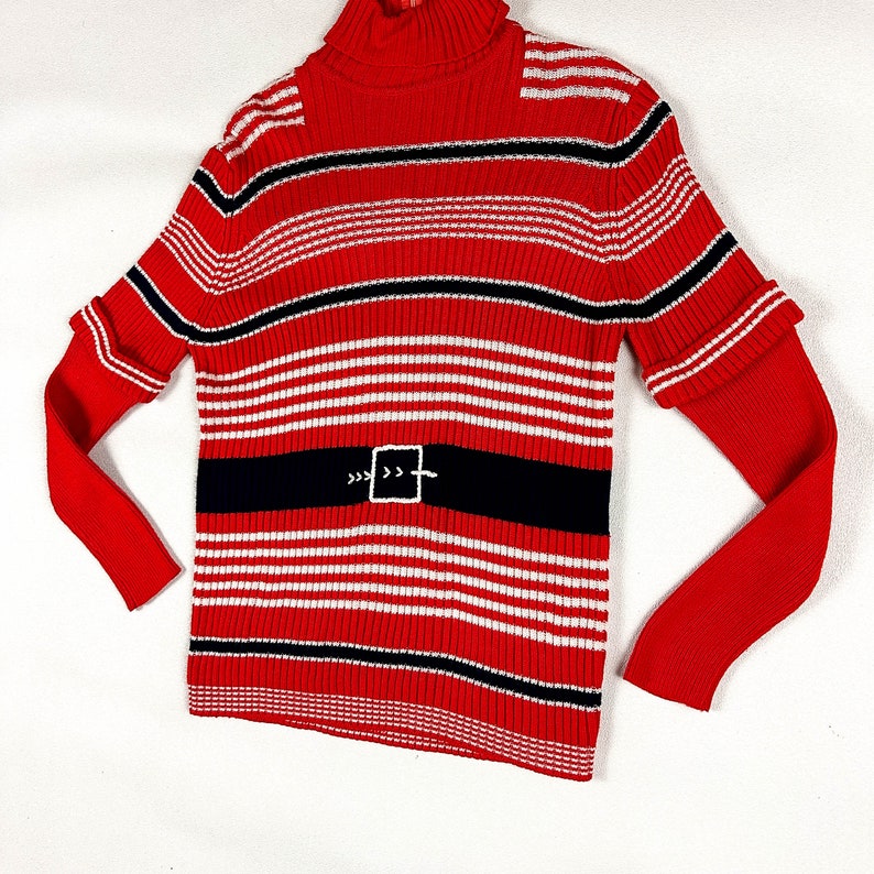 1970s Holiday Christmas Sweater / Turtleneck / Illusion Short Sleeves / Tromp L'oiel / Knit Belt / Optical Illusion / Kitschy / 70s / Santa image 2