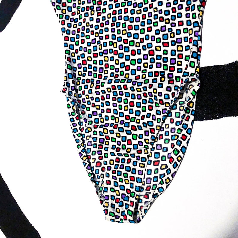 80s 90s Rainbow Square Dot Swimsuit Bodysuit Movers Made in USA Medium Leotard Body Pop Art New Wave Allover Print M