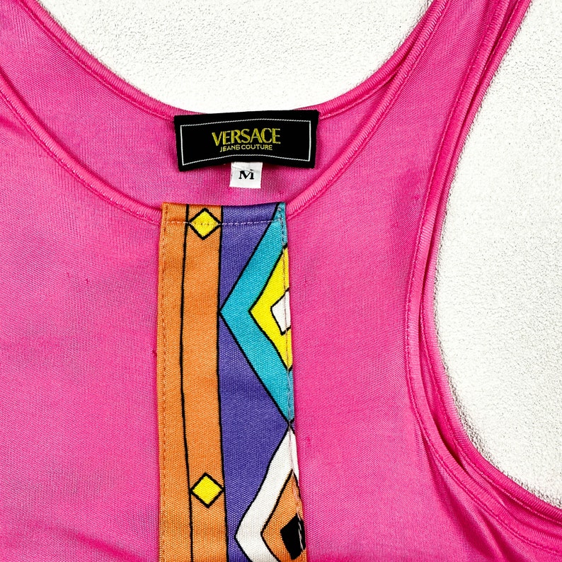 y2k Versace Jeans Couture Bright Pink Cut Out Tank Top / Neon Print / Tropical / Beach / Medium / 00s / Side Boob / Strappy / Bratz / Rave image 5