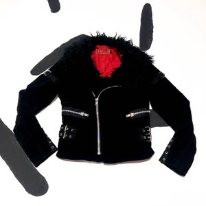 90s / Y2k Tripp NYC Black Velvet Faux Fur Motorcycle Jacket