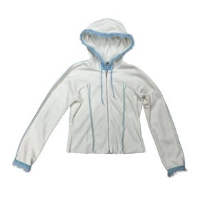 Y2K Moda International ホワイト フリース ジップアップ ジャケット ベビーブルー フェイクモンスターファーとベルベットリボントリム付き / フーディー / フリースフーディー / Sサイズ /