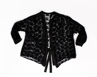 1890s Victorian Black Lace Blouse / Loose / Open Tie Front / Mourning / AS IS / Edwardian / Funeral / Goth / Medium / S / M / Layer / Bolero