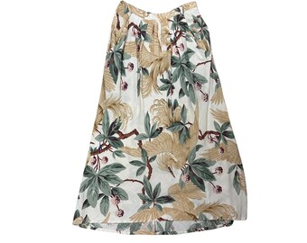 May include: A high-waisted midi skirt in an off-white fabric featuring a repeating pattern of tan birds with long tail feathers, sage green leaves, and small dark red berries on brown branches. The skirt has a pleated waist and a flared silhouette.