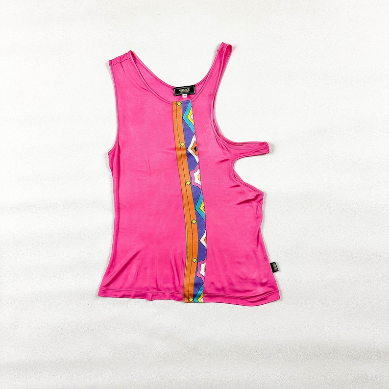 y2k Versace Jeans Couture Bright Pink Cut Out Tank Top / Neon Print / Tropical / Beach / Medium / 00s / Side Boob / Strappy / Bratz / Rave image 1