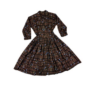 1950s Brown and Blue Floral Plaid Cotton Day Dress / Fit and Flare / 50s / Full Skirt / New Look / 26 Waist / Novelty Print / Small / S / image 1