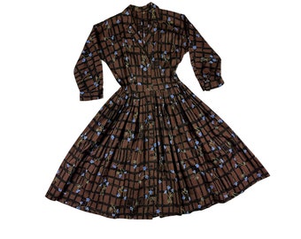 1950s Brown and Blue Floral Plaid Cotton Day Dress / Fit and Flare / 50s / Full Skirt / New Look / 26 Waist / Novelty Print / Small / S /