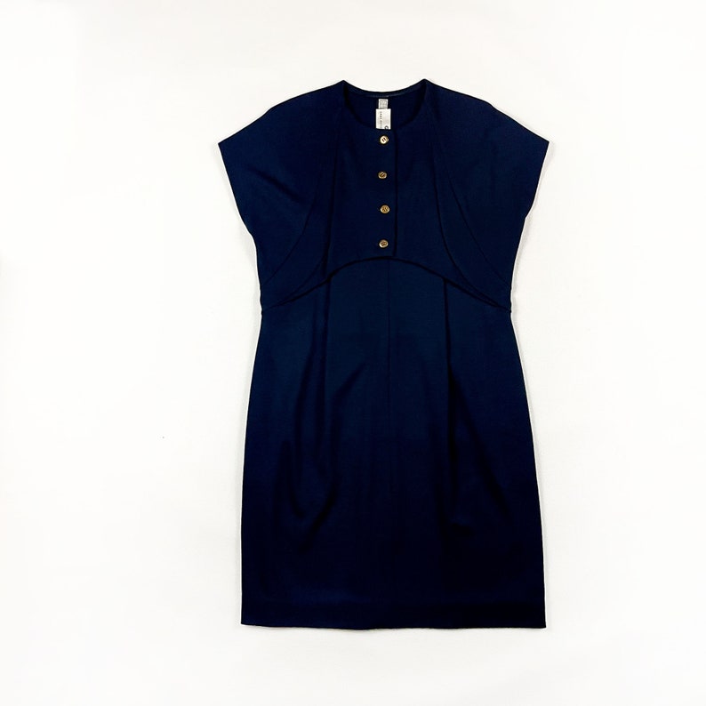 80s Geoffrey Beene Navy Blue Minimal Short Sleeve Shift Dress / Large / Cocoon / Gold Buttons / Faux Vest / Saks Fifth Ave / Square Tag / image 1